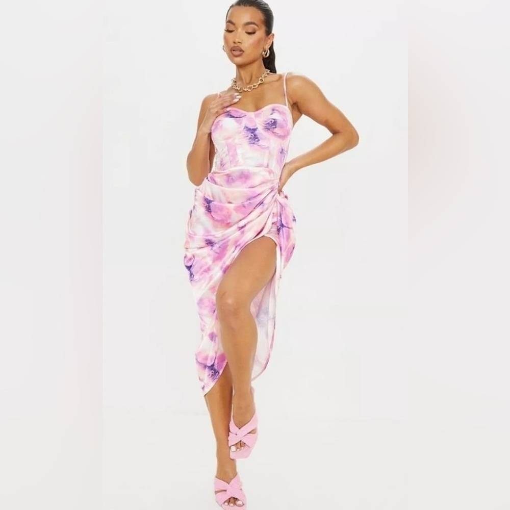 PrettyLittleThing New Women’s 12 Lilac Tie Dye Satin Ruched Dress Corset Midi